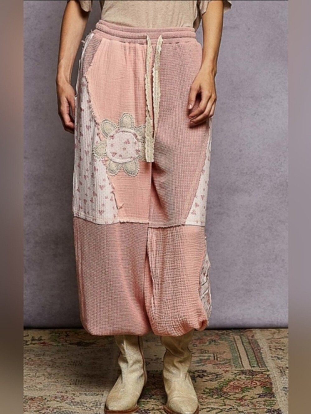 POL NWOT Pink Patchwork Boho Pants with Flower Applique